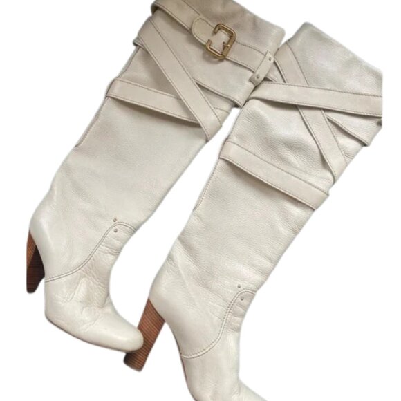 Chloé Boots Rare Wrap Strap Buckle Cream Leather Knee-High – size 39 - Picture 1 of 13